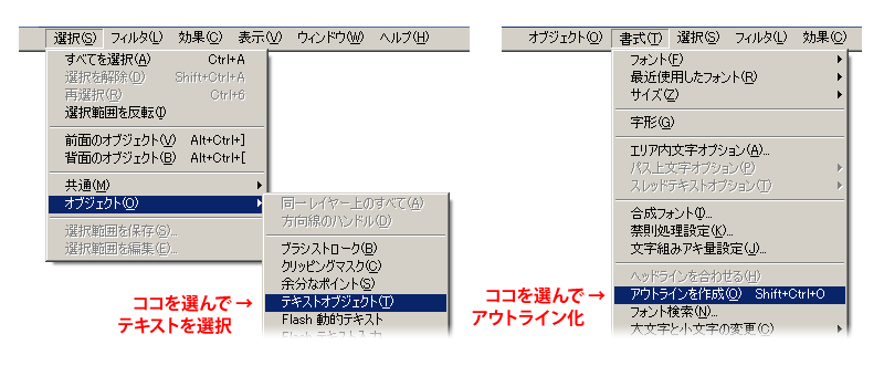 テキストオブジェクト・アウトラインを作成